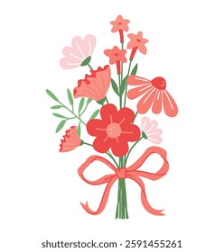 Bouquet and Coquette Bow Decorative Floral design. Garden blossoming Pink and Red Flowers for Happy Valentines day, Womуn's Day, Mother's Day, Bridal. Cute Flowers and Bow. Greeting card. Vector