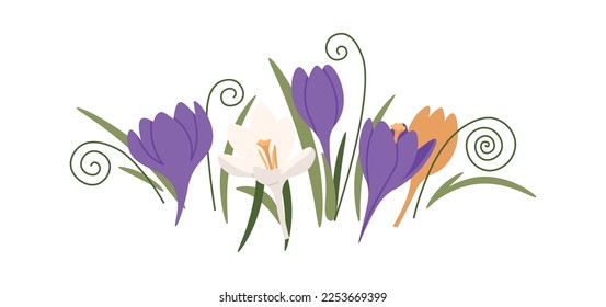 Bouquet with crocus and narcissus flat icon. Vector illustration