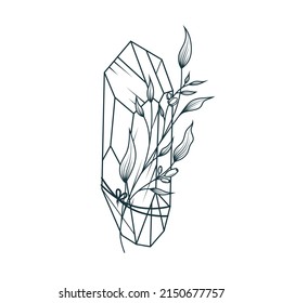 Bouquet aus Kristallen und Zweigen. Handgezeichnete Vektormagic-Symbole einzeln auf Weiß. Vektorgrafik für Hexerei, Tätowierung und T-Shirt-Druck.