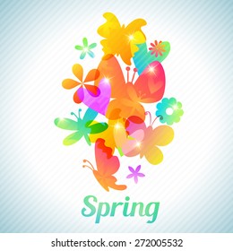 Bouquet of cute flower and butterfly, floral background. Vector illustration for spring feminine  design. Bright colors. Romantic elegant silhouette wallpaper.