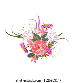 Bouquet of cute garden flowers. Decor elements for greeting cards, wedding invitations, birthday and other celebrations. Isolated on white background.