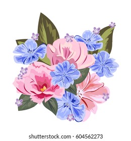 Bouquet of cute pink and blue flowers. Decor elements for greeting cards, wedding invitations, birthday and other celebrations. Isolated on white background.