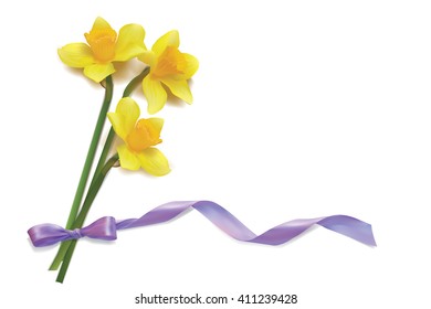 Bouquet of daffodils with a bow on a white background. Shadow. realistic vector.