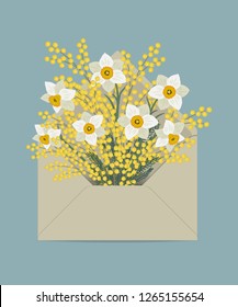 Bouquet de daffodils y mimosa en el sobre postal. Flores de primavera. Concepto de entrega de flores.Composición floral. Ilustración del vector en un fondo azul
