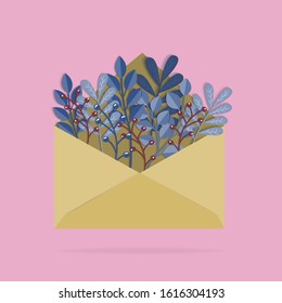 Bouquet of daffodils and mimosa in the postal envelope. Spring flowers. Flower delivery concept. Floral composition. Vector illustration on a blue background