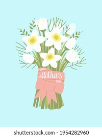 Bouquet of daffodils for mother's day. The bouquet is tied with a ribbon with the inscription Happy Mother's Day. White lettering on a pink ribbon. Flat vector illustration.