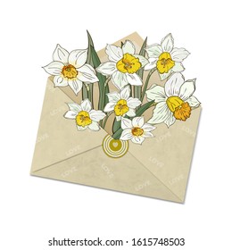 A bouquet of daffodils in an open mail envelope with the inscription love.