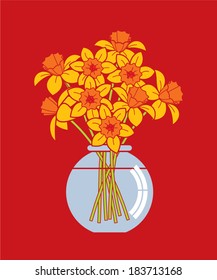 bouquet of daffodils in a vase on red background