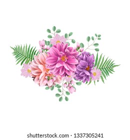 bouquet Dahlia Chrysanthemum and fern.isolated on white background. Print for t-shir.
