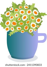 Bouquet of daisies in a blue mug, fresh chamomile flowers arrangement. Cozy home decor and spring vibes vector illustration.
