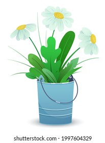 A bouquet of daisies in a bucket. Flat vector illustration
