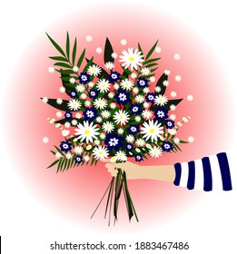 A bouquet of daisies and colorful flowers, leaves and branches in your hand.