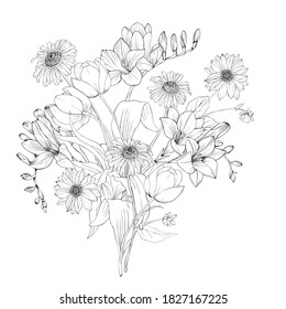 A bouquet of daisies, dahlias, tulips and freesias. Flowers black and white art line in vector.