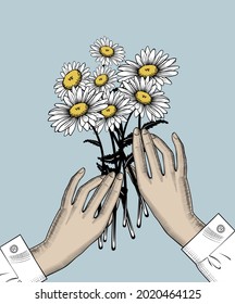 A bouquet of daisies in female hands. A female hand holds white chamomile flowers. Valentine postcard design in retro style. Vintage color engraving stylized drawing. Vector illustration