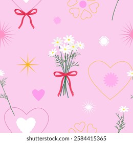  A bouquet of daisies with hearts on a pink background. Valentine's day seamless vector pattern.