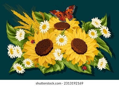 Bouquet with daisies and sunflowers.Vector illustration with sunflowers, daisies, ears of corn and a butterfly on a colored background with a shadow.