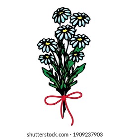 
Bouquet of daisies tied with a red ribbon, arrangement of flowers, floral design, vector flowers in the style of hand draw, doodle.