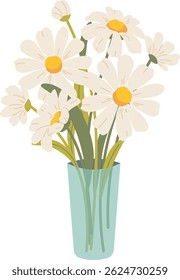 Bouquet of daisies in vase. Cute hand drawn chamomiles, spring and summer flowers. Vector botanical elements