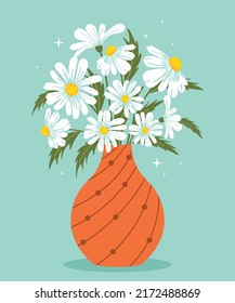 Bouquet of daisies in vase. Poster with beautiful Floral composition. Blooming field plants or chamomile with leaves. Design element for walls decorating in house. Cartoon flat vector illustration