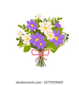 Bouquet of daisy chrysanthemums. White and purple daisies on white background. Flowers to mom, woman. Vector isolated element