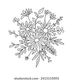 Bouquet with daisy flowers, plants line art vector