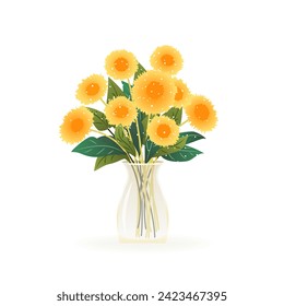 Bouquet of dandelions. Flowers in vase. isolated vector illustration on white background. Modern art for poster, postcard, banner, card and etc. Vector clip art. Women's Day, Mother's Day.