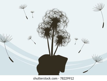 Bouquet of dandelions in hand. Wind. Ease