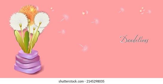 Bouquet of dandelions in a stylized vase. Vector illustration, banner, background
