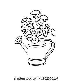 Bouquet of dandelions in watering can. Elegant flower emblem, botanical logo, sign, outline icon, simple linear vector illustration. Minimal boho design.