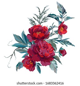 Bouquet of dark red peonies on a white background. Greeting card template with flowers and grass. Vector illustration.