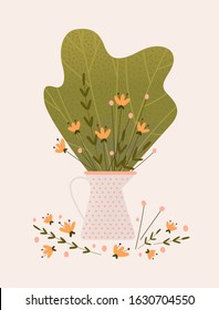 Bouquet of decorative abstract plants and flowers in a vintage vase. minimalism, vector graphics