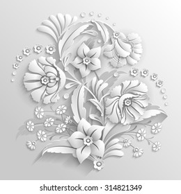 Bouquet of decorative flowers made in 3d white style