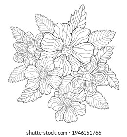 Bouquet of decorative flowers with simple patterns and leaves on a white isolated background. Floral spring illustration. For coloring book.
