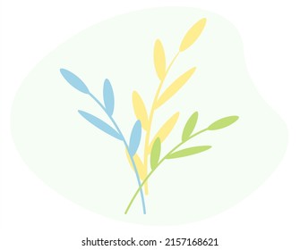 Bouquet Of Delicate Decorative Branches Of Yellow, Blue, Green Flowers. Seamless Pattern From Simple Foliage. Decorative Herbal Elements. Design For Postcard, Print, Packaging, Cover. Vector Flat.