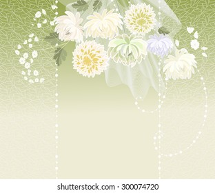 Bouquet delicate flowers on a light green background with a stylized lace. Flowers are at the top of the template. It can be used for wedding invitations and Save the Date.