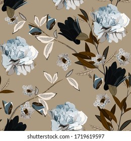 Bouquet of delicate light blue rose flowers and leaves on a beige,tan color background. Seamless floral vector pattern. Square repeating design for fabric and wallpaper.