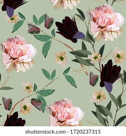 Bouquet of delicate pink and purple flowers and leaves on a light sage green color background. Seamless floral vector pattern. Square repeating design for fabric and wallpaper.