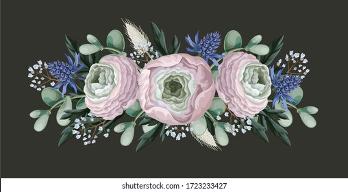 Bouquet with delicate ranunculus, eucalyptus and wild flowers . Vector.