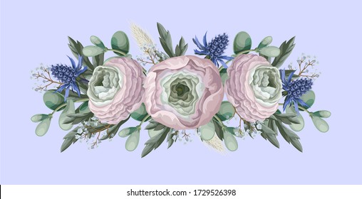Bouquet with delicate ranunculus, eucalyptus and wild flowers . Vector.