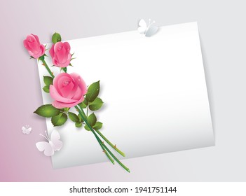 A bouquet of delicate roses and paper-cut butterflies on a piece of  paper on a pink background. Greeting card  design happy birthday, wedding, anniversary, invitation, greeting with place for text. 