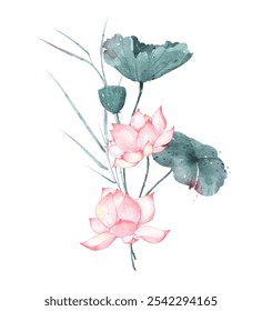 Um design de buquê de lótus rosa e folhas de lótus