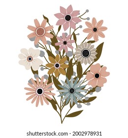 A bouquet of different beautiful wildflowers with leaves from the garden. Various flowering plants with flowers and stems. Wedding decorations, greetings and gifts. Elements are isolated and editable