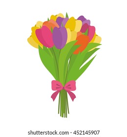 Bouquet of different color tulips vector illustration. Beauty flower bouquet tulips isolated on white background.