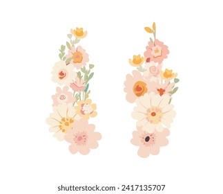 Bouquet of different delicate spring flowers with leaves, set of flowering plants in pastel colors for card, decorative design, flat cartoon vector.
