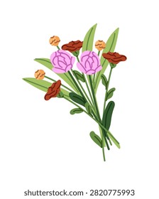 Bouquet with different flowers. Assembled posy with wildflowers and leaves. Bunch of peonies, roses and carnations. Branches of meadow plants. Floral gift. Flat isolated vector illustration on white