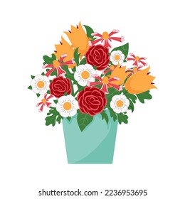 Bouquet of different flowers in a bucket