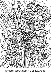 Bouquet of different flowers. Coloring book antistress for children and adults. Illustration on white background.