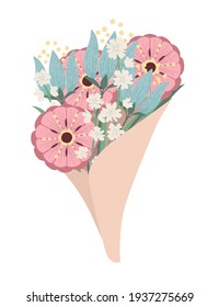 Bouquet of different flowers in paper packaging decorative colorful floral collection with leaves vector illustration isolated on white background
