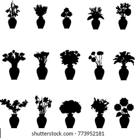 Bouquet different flowers in vase collection silhouettes isolated on white background