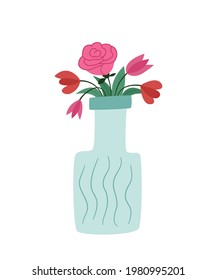 Bouquet of different flowers in a vase that looks like a bottle. Lush rose, poppies and tulips. Colored isolated illustration in doodle style on a white background.